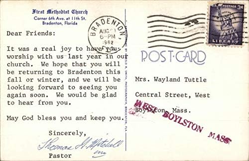 Първата методистская църква Bradenton, Флорида, Флорида Оригиналната Реколта Картичка 1962 г.