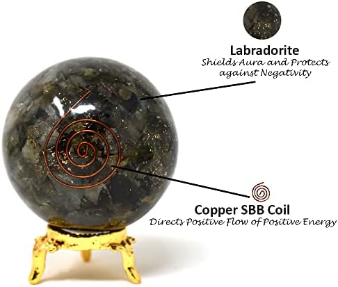 Топка-сфера от Labradorite и Оргона Aashita Creations с Държач - Натурална Резба 50-60 мм