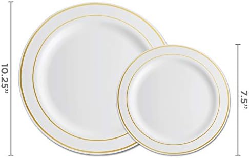 Пластмасови Празнични чинии от 100 теми в рамка от бяло злато, 50 места за хранене чинии премиум-клас с дебелина 10,25 инча и