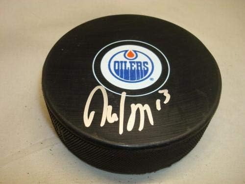 Дейвид Дешарне подписа хокей шайба Едмънтън Ойлърс с автограф от 1B - за Миене на НХЛ с автограф