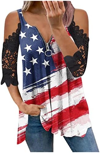 Дамски Дантелени Ризи с отворени рамене в ивица с Флага на сащ и Звездите, Свободни тениски с графичен Модел на Деня на независимостта на 4 юли