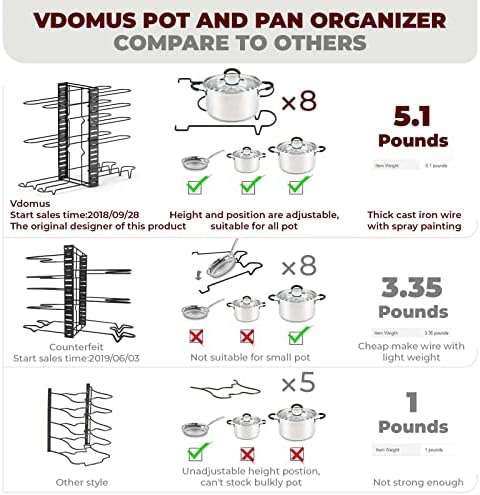 Органайзер за тенджери Vdomus с 3 начина на вземане със собствените си ръце, Черен Метален Държач за кухненски съдове 8 + височина и позиция могат да се регулират, Държа?