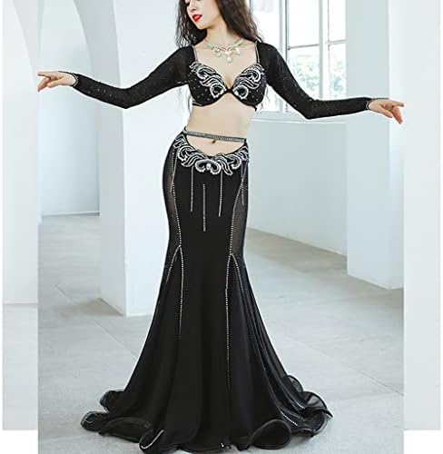 UXZDX CUJUX Професионален Състезателен костюм за танц на Корема за Жени, Сутиен за танц на корема + Пола Рибя опашка, танцов костюм от 2 теми (Цвят: черен размер: Един разме