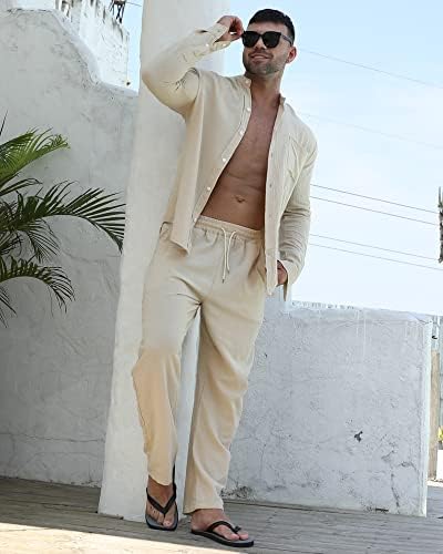 Комплекти ленено блузи RPOVIG, Костюми: Мъжки ризи Хенли от 2 теми, Свободни Панталони за Йога с дълги ръкави, Плажни