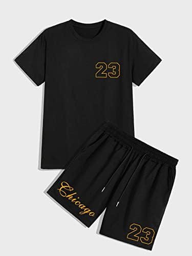 Мъжки дрехи OSHHO от две части, Мъжка Тениска с писмото шарени и къси панталони с завязками на талията (Цвят: черен, Размер: