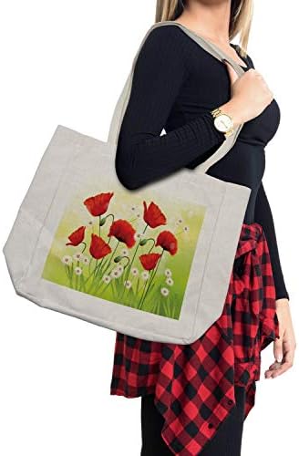 Чанта за пазаруване Ambesonne Poppy Flower Пролетна атмосфера със Селяни и Маргаритками на Цъфтеж трева, Дългогодишна
