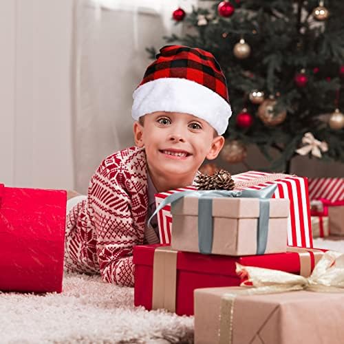 AnyDesign 4 Опаковки Коледни шапки 2 дизайн в червено-зелена клетка с Снежинками, Топли Шапки на Дядо Коледа, Плюшени Шапки с Топки по Коледа, Зимни Празнични Аксесоари з?