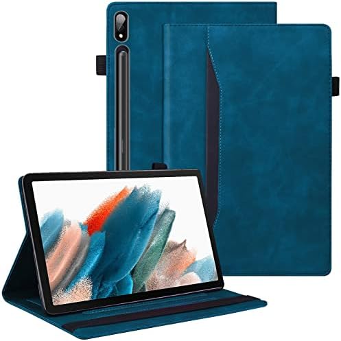 Galaxy Tab S8 Ultra Case 2022 - Кожен калъф Премиум-клас с функция за събуждане / сън с Преден джоб и за стойка с различни ъгли за Samsung Galaxy S8 Ultra 14.6 Tablet SM-X900/X906, синьо