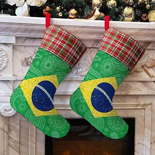 Бразилски Флаг с Пейсли, Коледни Чорапи С Пайети, Блестящи Стенни Висящи Украси, Украса за Коледната Елха, Празнична