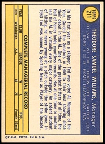 1970 Topps 211 Тед Уилямс Вашингтон Сенатърс (Бейзболна картичка) EX / MT Senators