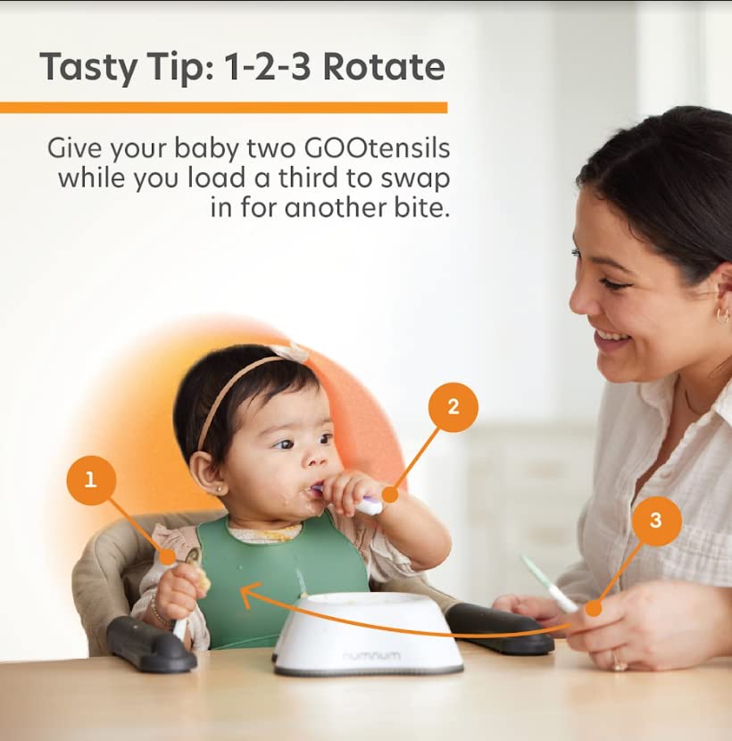 NumNum Pre-Лъжица GOOtensils | Комплект детски лъжички (етап 1 + етап 2) | Силиконови прибори за самостоятелно хранене на малки