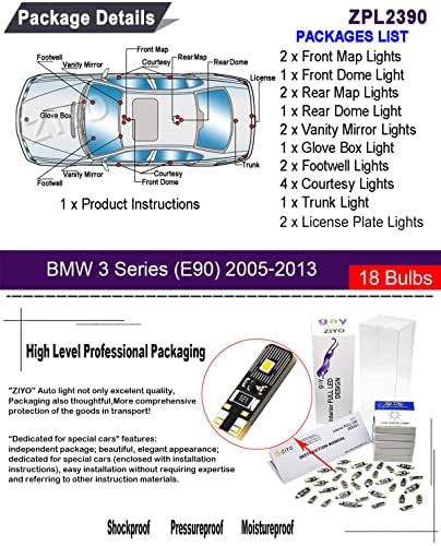 ZIYO ZPL2390 - (18) на Лампите Подмяна на комплект led осветление на салон за BMW E90 3-та Серия 2005-2013 + Комплект крушки