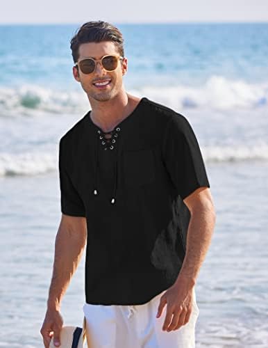 COOFANDY Мъжки Ежедневни Памучни Бельо Тениска С Къс Ръкав Плажна Риза Хипи Дантела