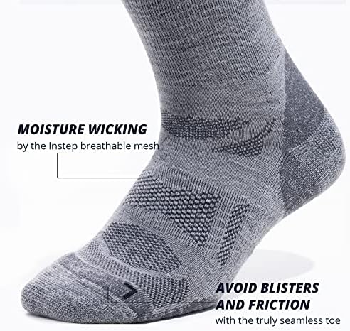 Туристически чорапи AKASO от мериносова вълна - Дишащи, Абсорбиращи влагата спортни чорапи Crew с подплата за мъже и жени