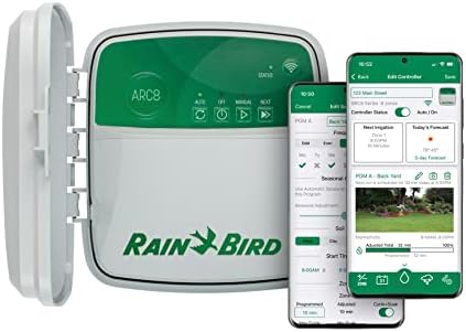 Таймер / контролер Wi-Fi за интелигентно напояване на закрито / на открито Rain Bird ARC8 приложението на 8 зони / станции, сертифициран от EPA WaterSense, съвместим с Алекса