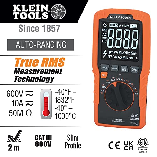Мултицет Klein Tools MM450, Тънък Цифров Измерител, TRMS с автоматично определението на обхвата на Напрежение ac /dc, 600, Ток, Съпротивление, Температура, Честота, Непрекъснатос?