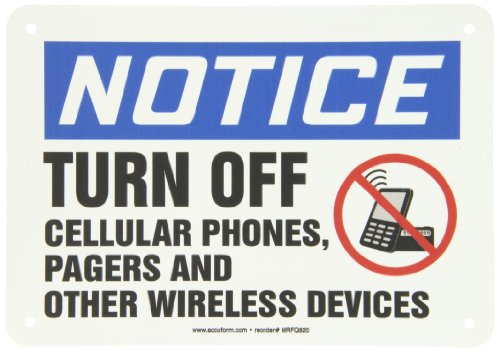 Пластичен знак за сигурност Accuform MRFQ820VP Внимание, изключете мобилни телефони, пейджъри и други безжични устройства