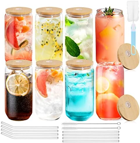 Комплект стъклени чаши във формата на банките YLXIAOF със стъклен соломинкой и бамбукови корици, 8 бр. сладки, чаши,
