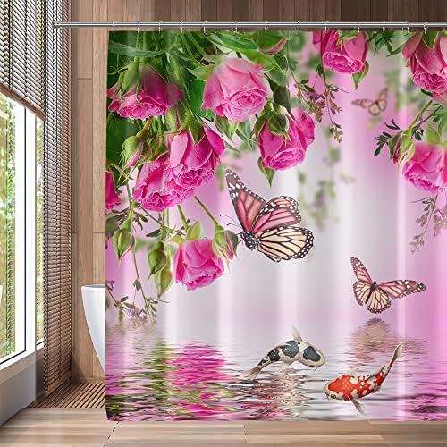 QZJDX Розовата Завеса за Душ за Баня Розово Цвете Цветни Пеперуди, Риби, Над Морска Вода Декор Тъканни Завеси За Баня