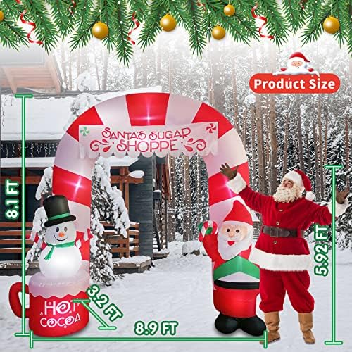 Надуваеми улични коледна украса TATCNESD - 8 фута Коледна надуваема арка с Дядо Коледа и Снеговиком, вградена светодиодна Надуваема