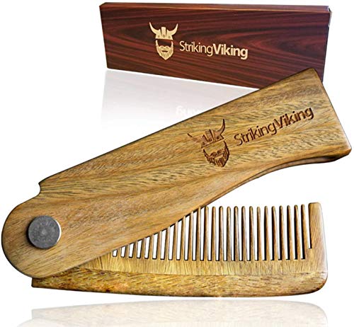 Страхотна Сгъваема дървена четка за коса Viking - Мъжки Гребен за коса, брадата и мустаците - Джобен размер Гребен от сандалово