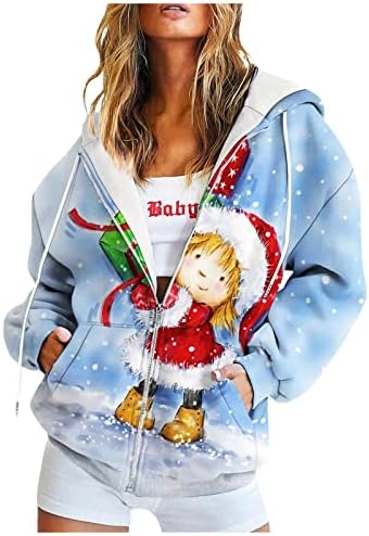 Шусуен Женски Коледни Качулки с завязками с цип и Дълги Ръкави, Свободни Блузи с Джоб