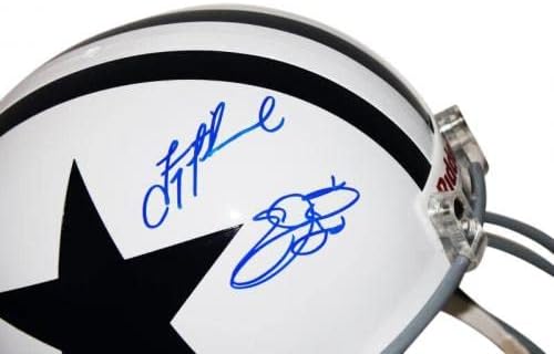 Каубои Троя Айкман и Emmitt Смит Подписа в пълен размер, Моля, Бяла Каска PSA / Каски NFL с ДНК-автограф