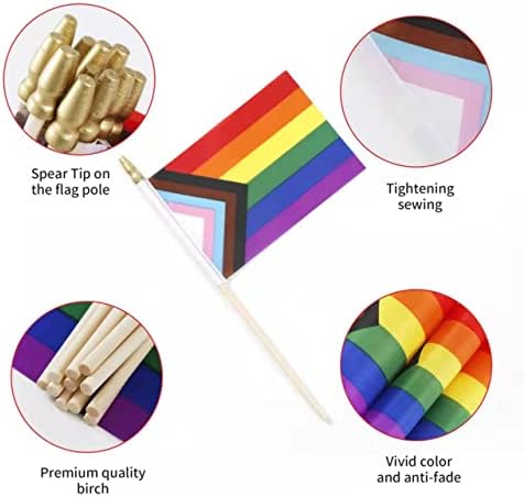12 Опаковки Малки знамена Progress Pride Rainbow Gay Stick Flag Мини Преносими Инклюзивные Знамена Progressive Pride ЛГБТК 4x6 инча