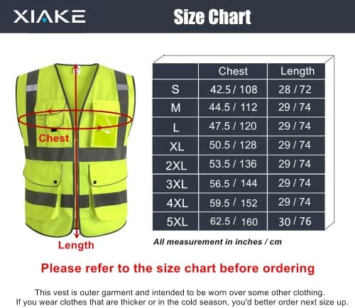 Светлоотразителни жилетки за сигурност XIAKE клас 2 повишена видимост с 8 джобове и цип отпред, отговарят на стандартите