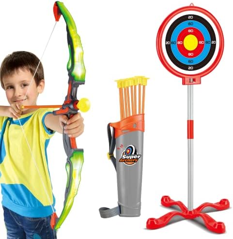 Doloowee Лък и стрели за деца с led подсветка - Актуализиран набор от играчки за стрелба с лък Включва 1 супер Лук, 8 стрели
