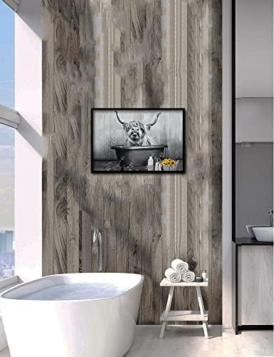 Високият Крава Стенно Изкуство Забавен Интериор за Баня Крава в банята Снимка на Черно-бял Печат Платно Животни