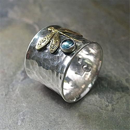2023 Ново юбилейно женски коледа пръстен с аквамарином, подарък пръстен в ретро стил, размера на пръстени 6 (сребро 11-11)