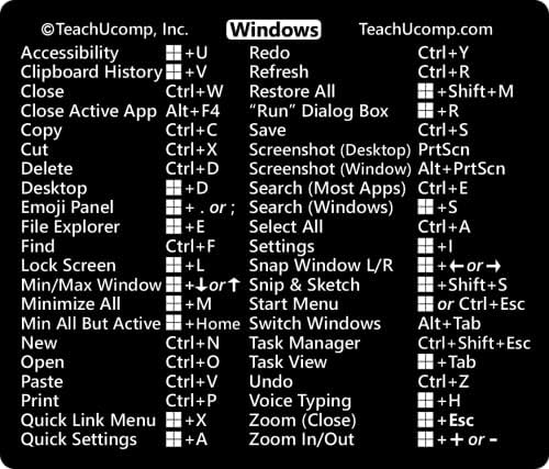 Стикер с комбинации на клавиши TEACHUCOMP за Windows 11 и 10, Ясла за учебно - Черен Винил, Ламиниран, без остатъци