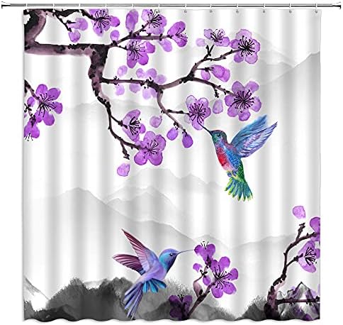 Завеса За Душ с Цвете Колибри, Акварелни Цветни Птици, Романтична Синьо-Бели Цветя, Пеперуди, Пролетен Пейзаж на Природата,