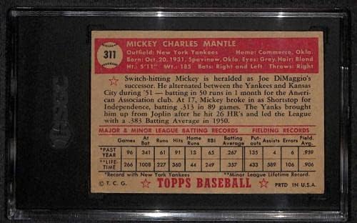 #311 Мики Мэнтл - Бейзболни картички Topps 1952 г. (Звезда) С рейтинг SGC A - Реколта Картички с автограф бейсболистов
