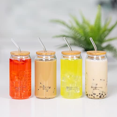 Meliora Vivus | 4 бр. Стъклени чаши с бамбукови капаци и стъклен соломинкой | чаши за пиене на 20 мл | Комплект