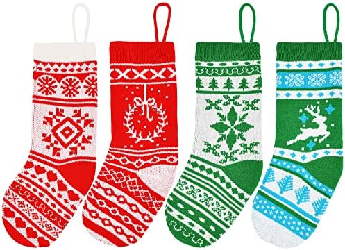 JOYIN 4 Опаковане на Коледни чорапи 18 инча, Коледни чорапи на червени и зелени плетени в селски стил голям размер, за украса