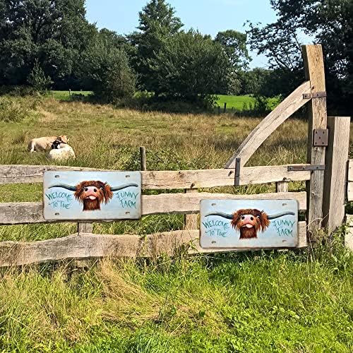 Метална Табела с участието на високопланинско крави Добре дошли в Забавната ферма с животни - Стенно изкуство с животните във
