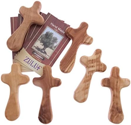 Zuluf 6 Средни кръстове от маслиново дърво, ръчно изработени от Светите Земи с 6 сертификати Светата Земя - Малки джоба кръстчета от Маслиново дърво за изцеление от Изр