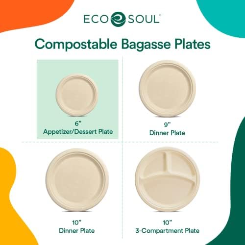 ECO SOUL Компостируемые 6-инчов хартиени чинии [100 опаковки] за Еднократна употреба празнични чинии I Тежкотоварни