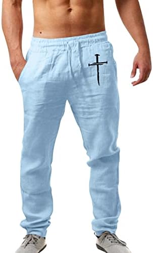 Дълги Спортни Панталони Мъжки Модни Ежедневни Ленени Панталони с принтом и джобове Дантела Панталони Голям Размер