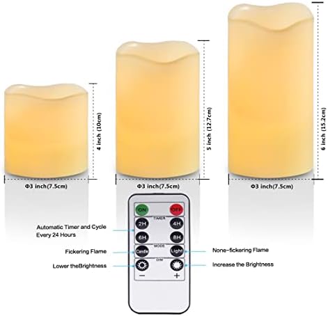 Комплект от 3 led беспламенных свещи YIWER: Свещи, работещи на батерии с 10-Клавишным дистанционно управление, Блестящо свещи от този восък цвят на Слонова кост (Размер: Φ