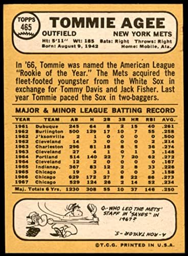 1968 Topps 465 Томи Эйджи Ню Йорк Метс (Бейзболна картичка) VG Метс