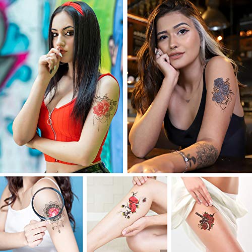 Konsait 15 Листа Цвете Временни Татуировки за Жени, Половината от Ръцете Tattoo Ръкави Етикети, Розата е Цветето на Черепа Пеперуда Фалшиви Татуировки, Ръка на Гърдите Укр?