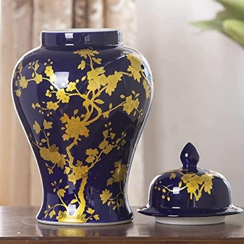 CNPRAZ Синя Керамична Ваза, Кутии за джинджифил със Златен модел за Домашен интериор, Модерна Ваза за сухи цветя,