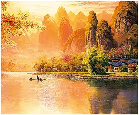 Gracefur Пейзаж Маслени картини, Платно, Стенно Изкуство - Ръчно Рисувани и 3D Залеза на Брега на Езерото, Зелени Планински
