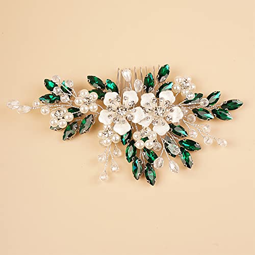 Kercisbeauty Emerald Crystal Гребен за Коса За Жени Реколта Сватбени Аксесоари За Коса-Сребърен Цвете за Декорация За Коса