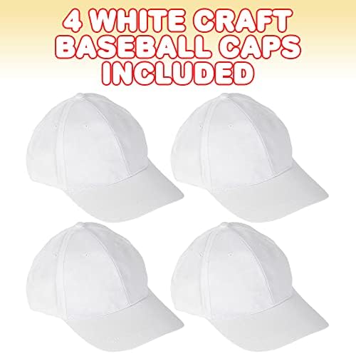 ArtCreativity Бели бейзболни Шапки за бродерия, Комплект от 4 парчета, Памучни Шапки за Бродерия, Бели Шапки за деца