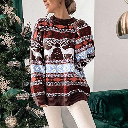 Жена Грозна Коледен Пуловер Ymosrh, Модерен Есенно-Зимния Пуловер с кръгло деколте и дълъг ръкав, Свободен Пуловер с принтом