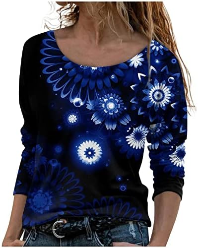 NOKMOPO Съкратен потници за жени, дамски ежедневни модерен удобен пуловер с дълъг ръкав и кръгло деколте и принтом